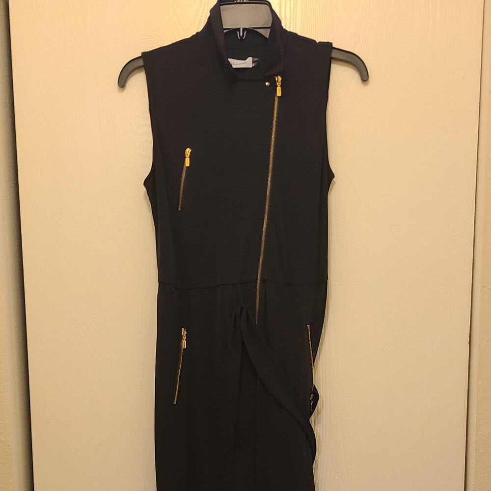 Women’s Calvin Klein Black, belted Short-sleeved Gold Zipper 1 Piece Cat suit